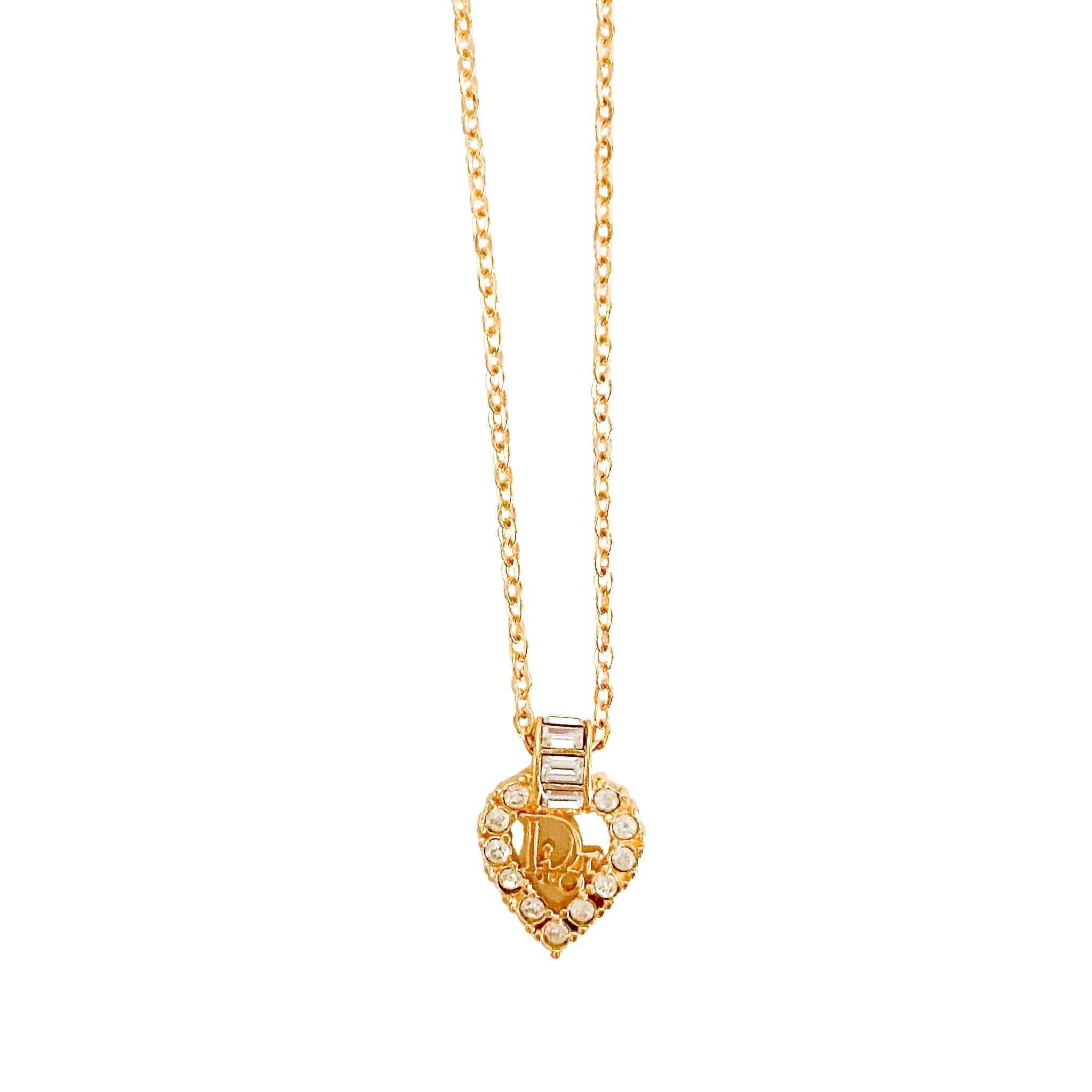 Vintage Dior Heart Shaped Rhinstones Logo Plate 43cm Gold Necklace