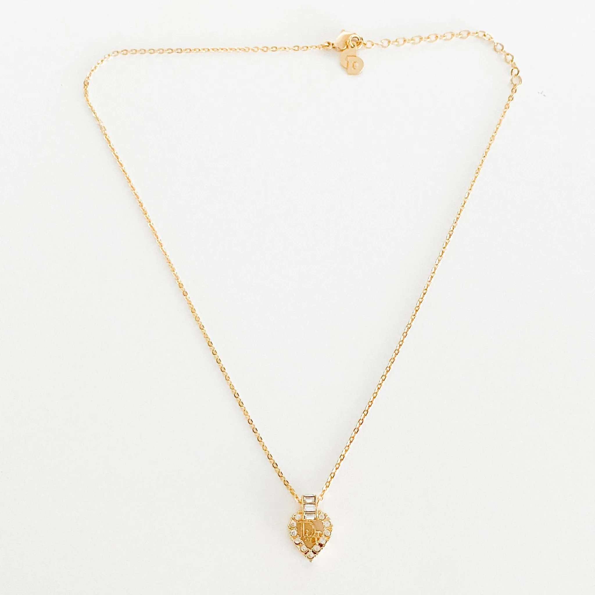 Vintage Dior Heart Shaped Rhinstones Logo Plate 43cm Gold Necklace