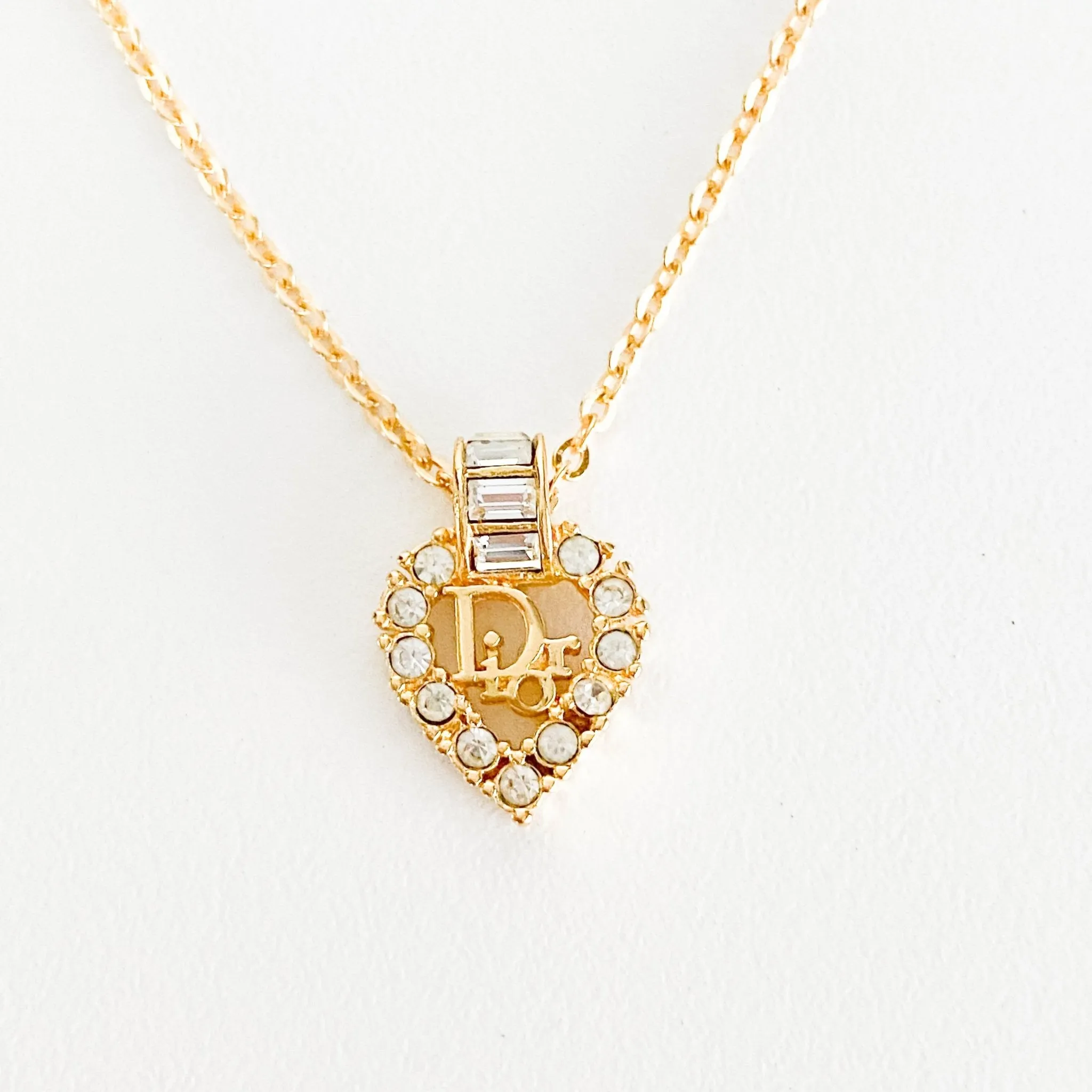 Vintage Dior Heart Shaped Rhinstones Logo Plate 43cm Gold Necklace