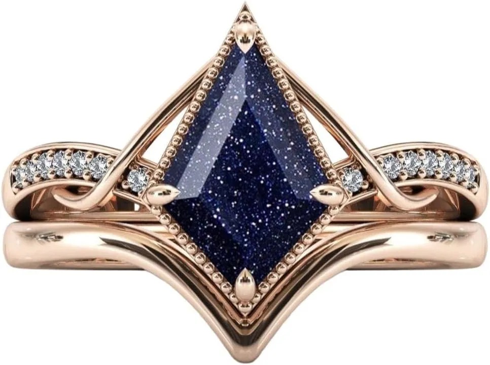 Vintage Kite Shaped Galaxy Sandstone Natural Gemstone Ring, 2pcs 925 Sterling Silver Ring For Her