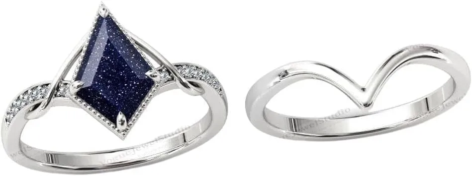 Vintage Kite Shaped Galaxy Sandstone Natural Gemstone Ring, 2pcs 925 Sterling Silver Ring For Her
