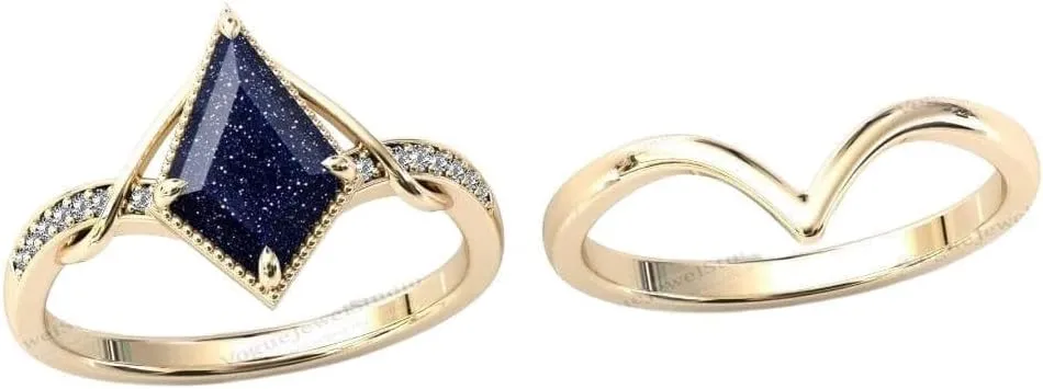 Vintage Kite Shaped Galaxy Sandstone Natural Gemstone Ring, 2pcs 925 Sterling Silver Ring For Her