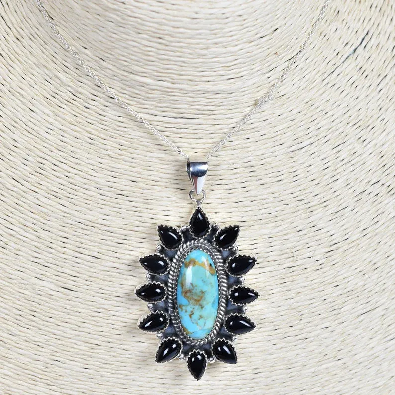 Vintage  Mohave Turquoise & Black Onyx 925 Sterling Silver Native American Pendant