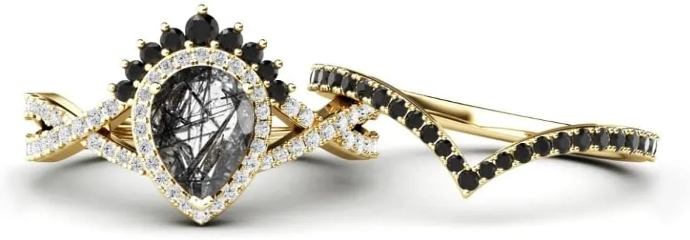 Vintage Pear Cut Black Rutilated Quartz Natural Gemstone Ring, 2pcs Bridal 925 Sterling Silver Ring For Her
