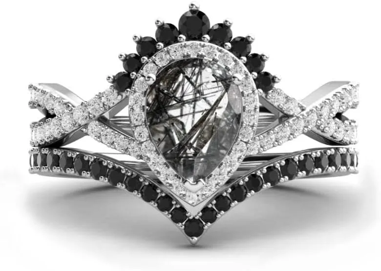 Vintage Pear Cut Black Rutilated Quartz Natural Gemstone Ring, 2pcs Bridal 925 Sterling Silver Ring For Her