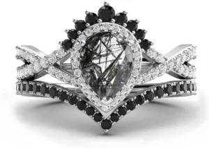 Vintage Pear Cut Black Rutilated Quartz Natural Gemstone Ring, 2pcs Bridal 925 Sterling Silver Ring For Her