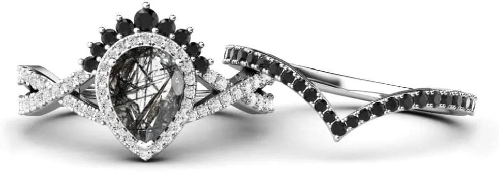 Vintage Pear Cut Black Rutilated Quartz Natural Gemstone Ring, 2pcs Bridal 925 Sterling Silver Ring For Her