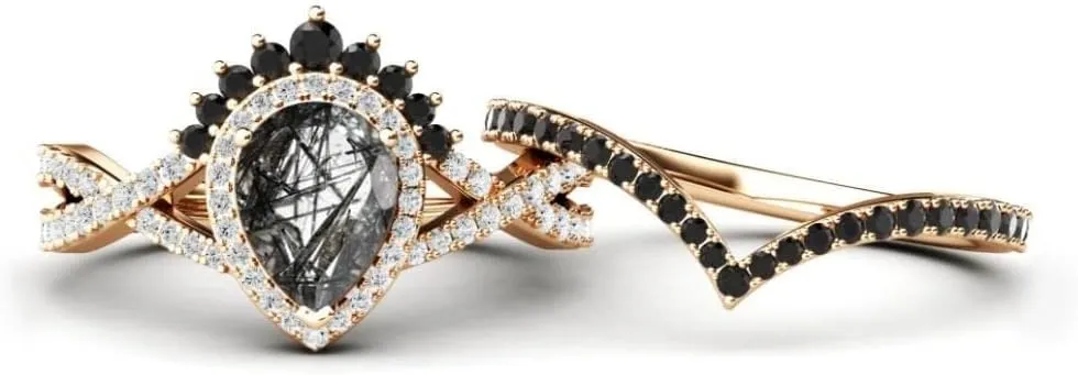 Vintage Pear Cut Black Rutilated Quartz Natural Gemstone Ring, 2pcs Bridal 925 Sterling Silver Ring For Her