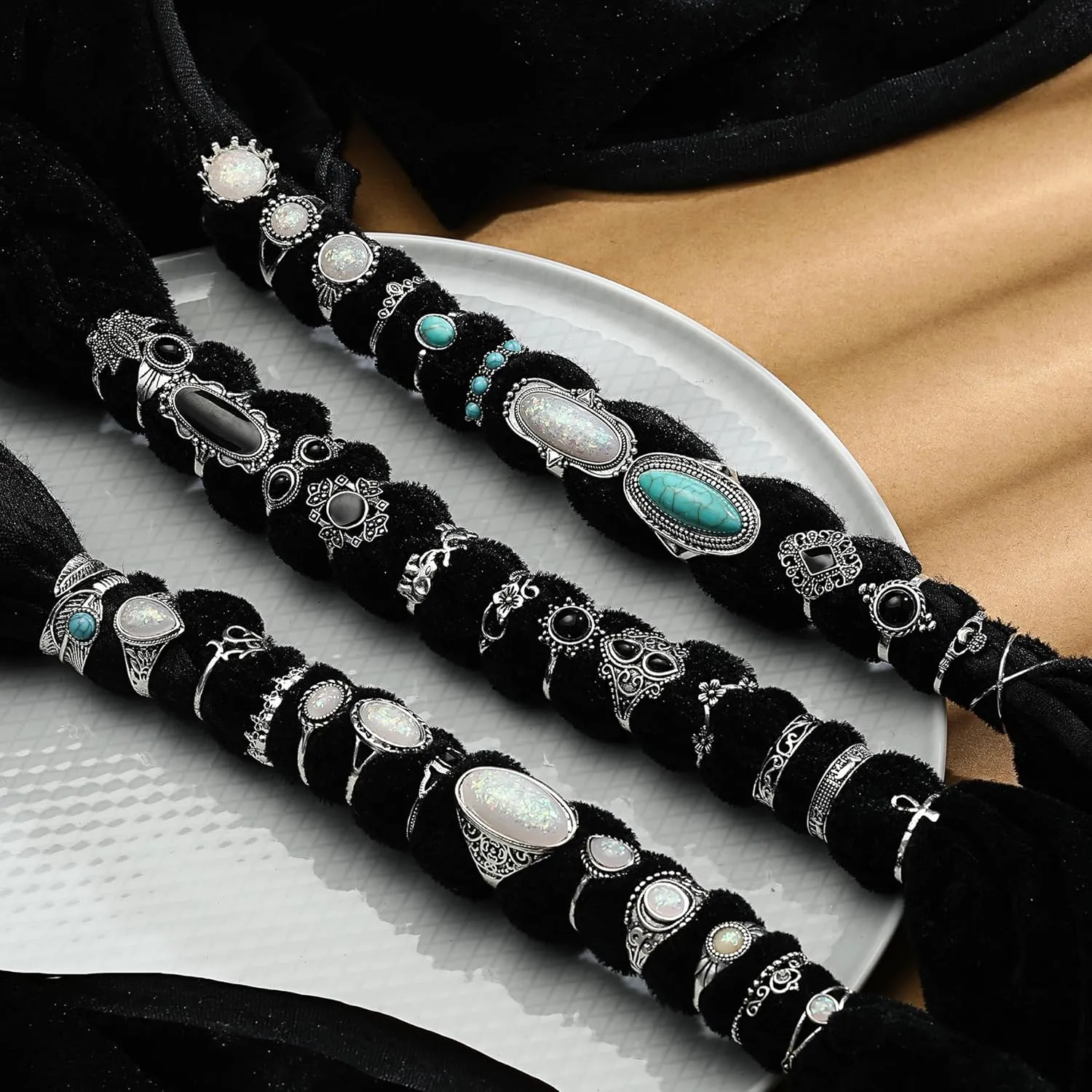 Vintage Silver Knuckle Rings Set for Women Western Turquoise Rings Bohemian Midi Ring Bulk, Chunky Rings,Retro Stone Crystal Stackable Joint Finger Ring Pack