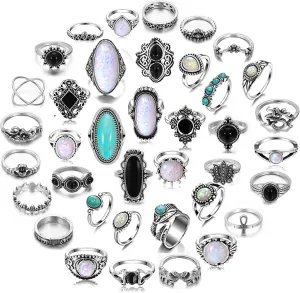 Vintage Silver Knuckle Rings Set for Women Western Turquoise Rings Bohemian Midi Ring Bulk, Chunky Rings,Retro Stone Crystal Stackable Joint Finger Ring Pack