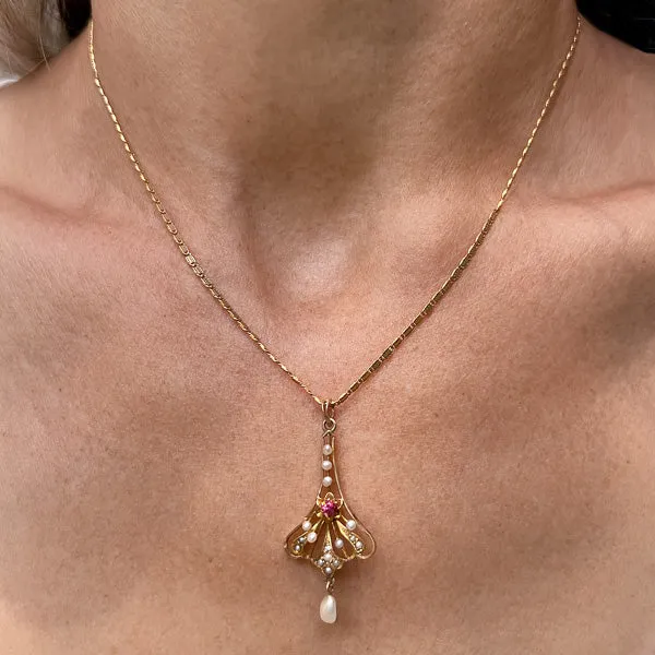 Vintage Tourmaline & Pearl Lavalier Pendant