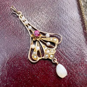Vintage Tourmaline & Pearl Lavalier Pendant