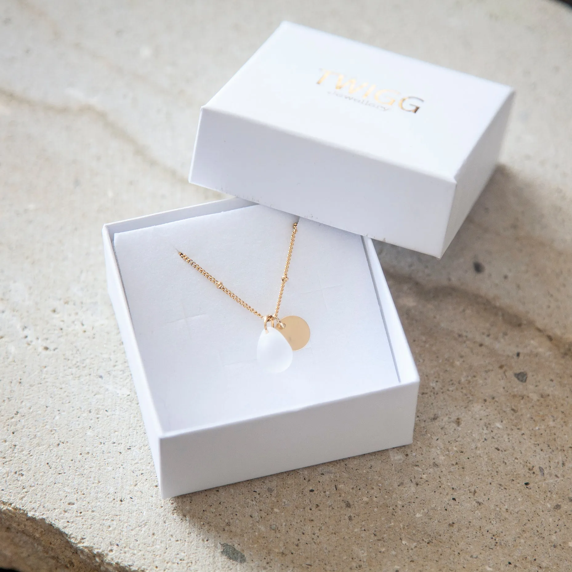 Water Droplet Sea Glass Necklace - Frost/Gold