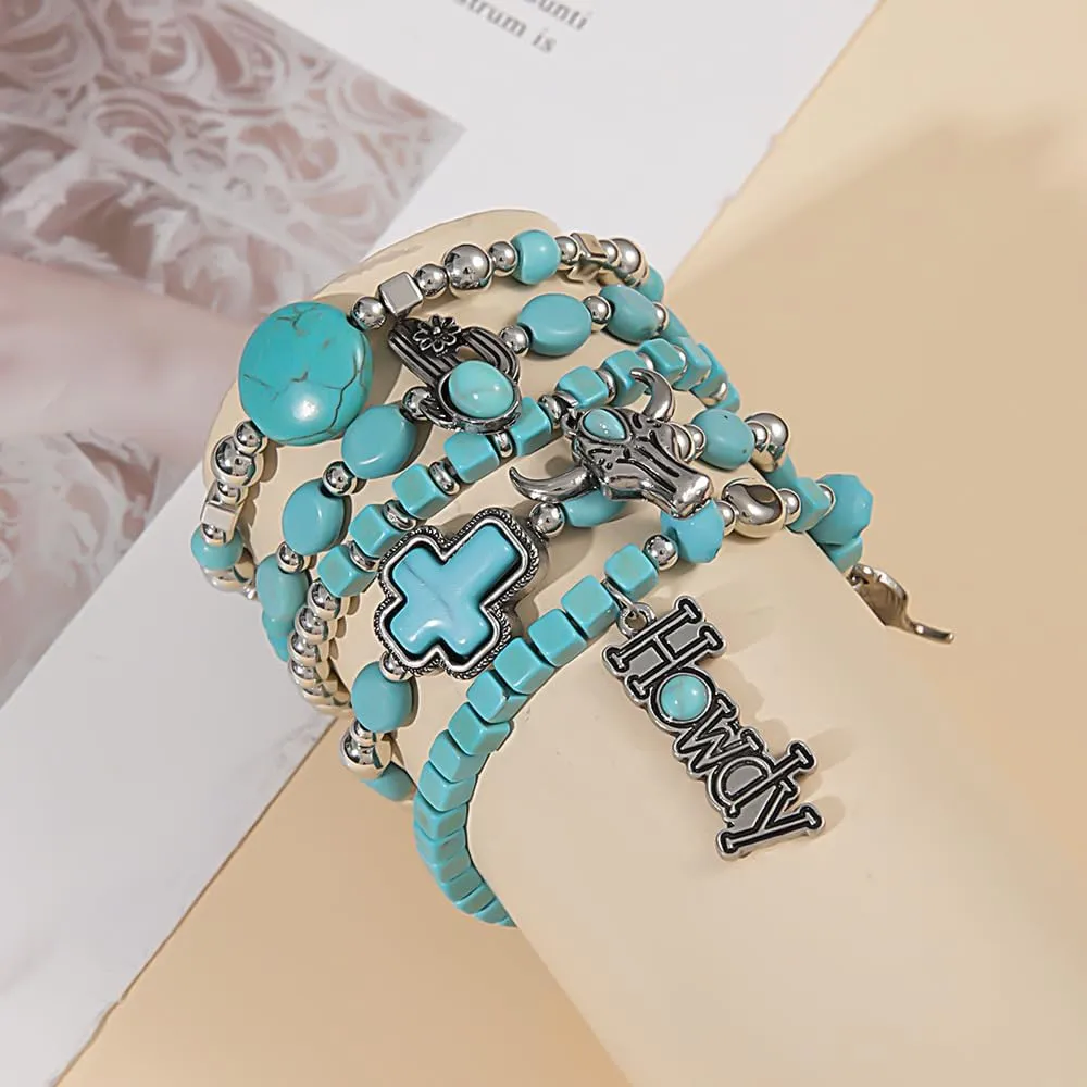 Western Cowgirl Turquoise Beaded Bracelets Stackable Boho Stretch Bracelet Cowboy Boots Bracelets Set