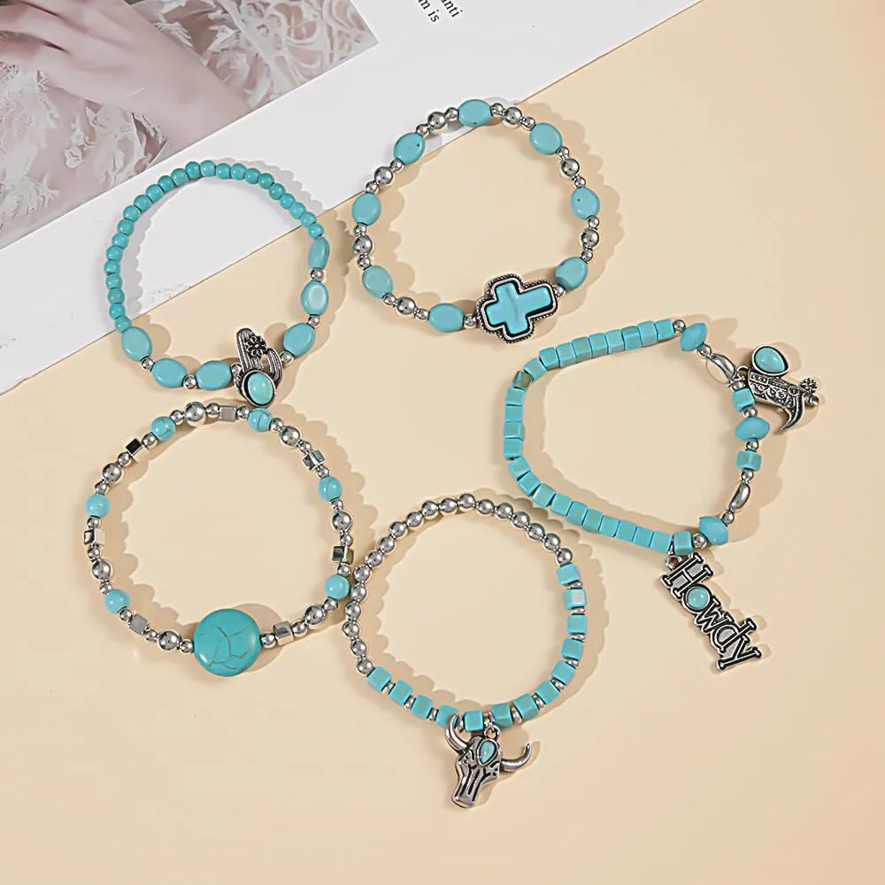 Western Cowgirl Turquoise Beaded Bracelets Stackable Boho Stretch Bracelet Cowboy Boots Bracelets Set