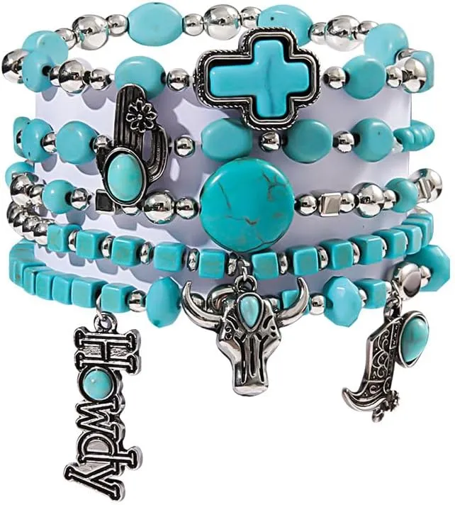 Western Cowgirl Turquoise Beaded Bracelets Stackable Boho Stretch Bracelet Cowboy Boots Bracelets Set