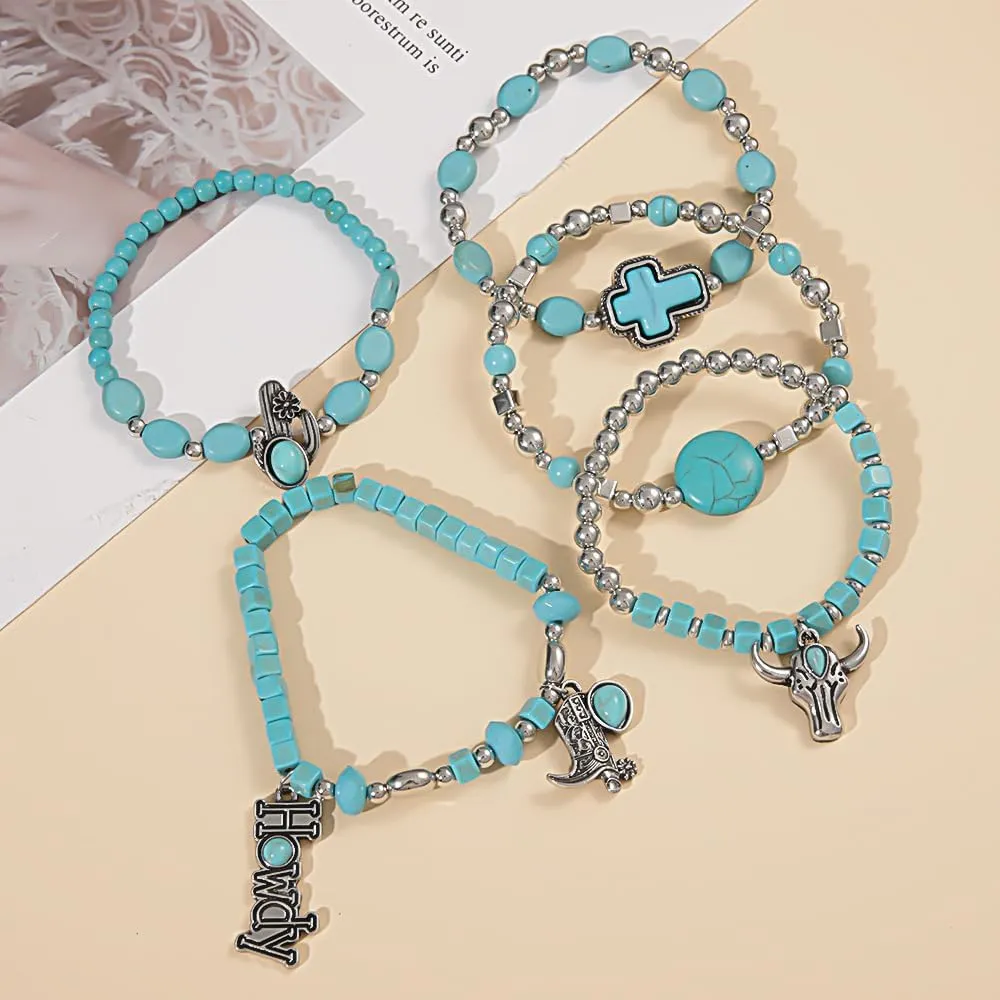 Western Cowgirl Turquoise Beaded Bracelets Stackable Boho Stretch Bracelet Cowboy Boots Bracelets Set
