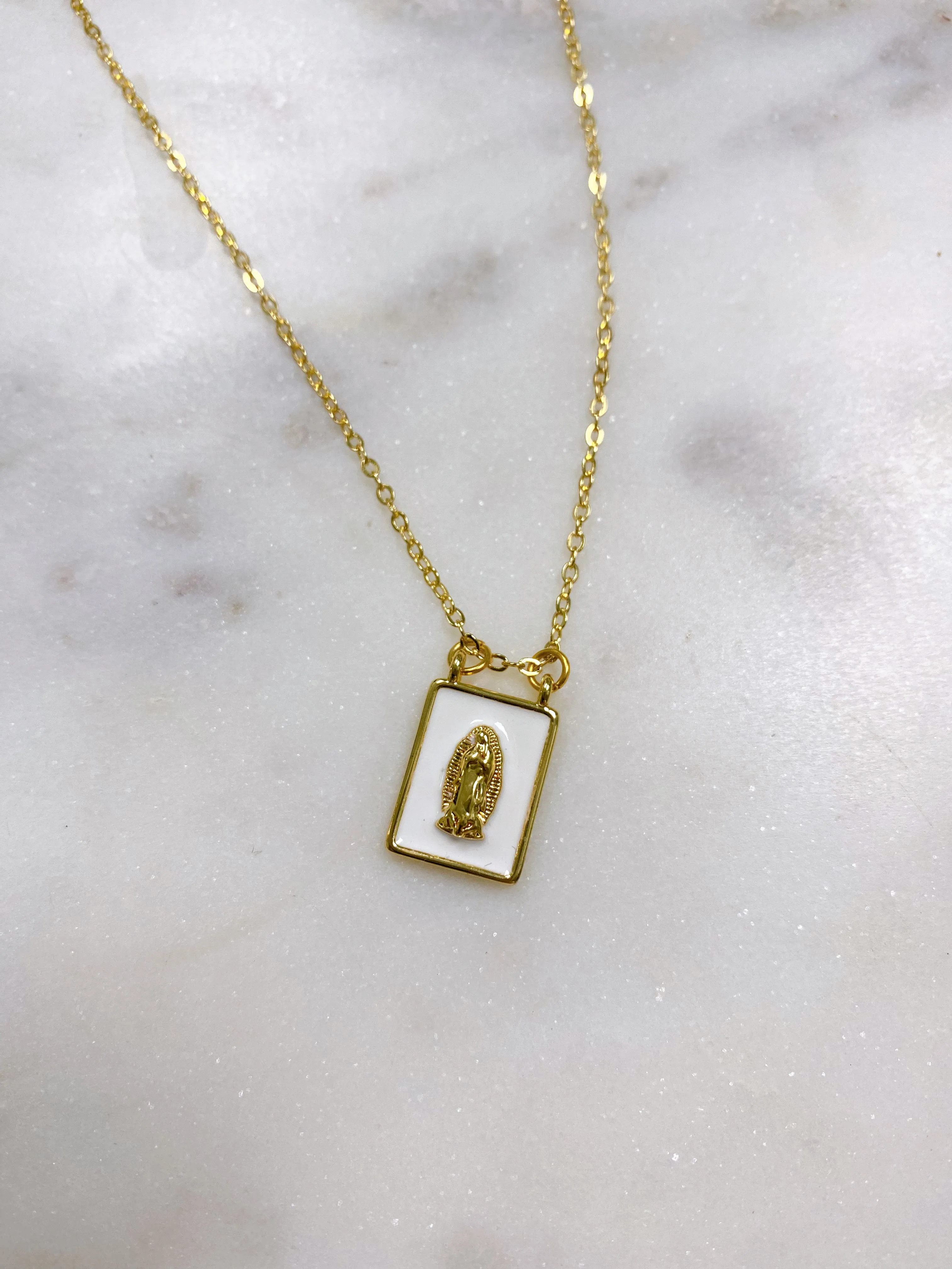 White Enamel Rectangle Virgin Mary Necklace | Religious Jewelry