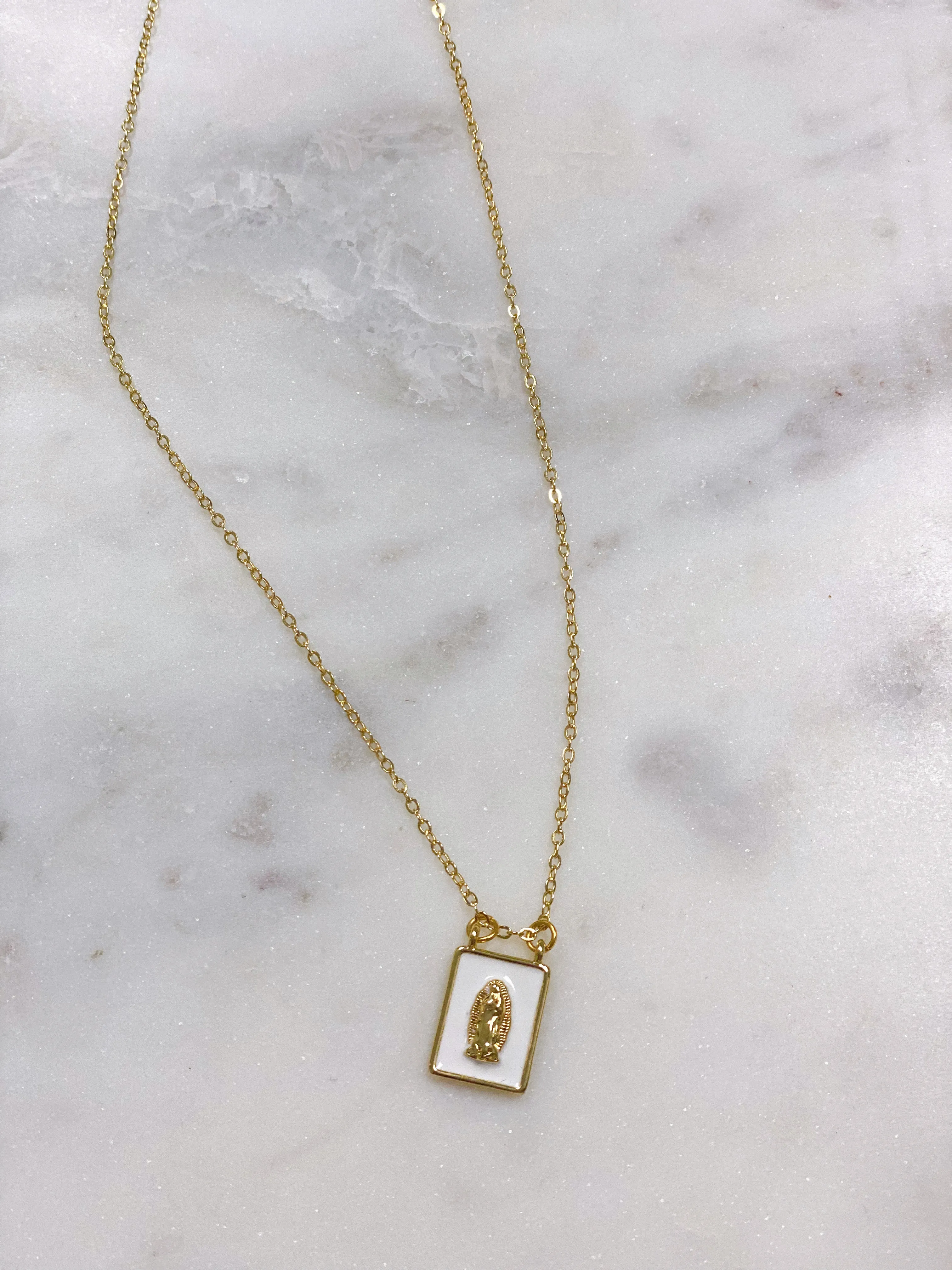 White Enamel Rectangle Virgin Mary Necklace | Religious Jewelry
