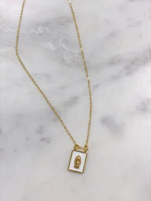 White Enamel Rectangle Virgin Mary Necklace | Religious Jewelry