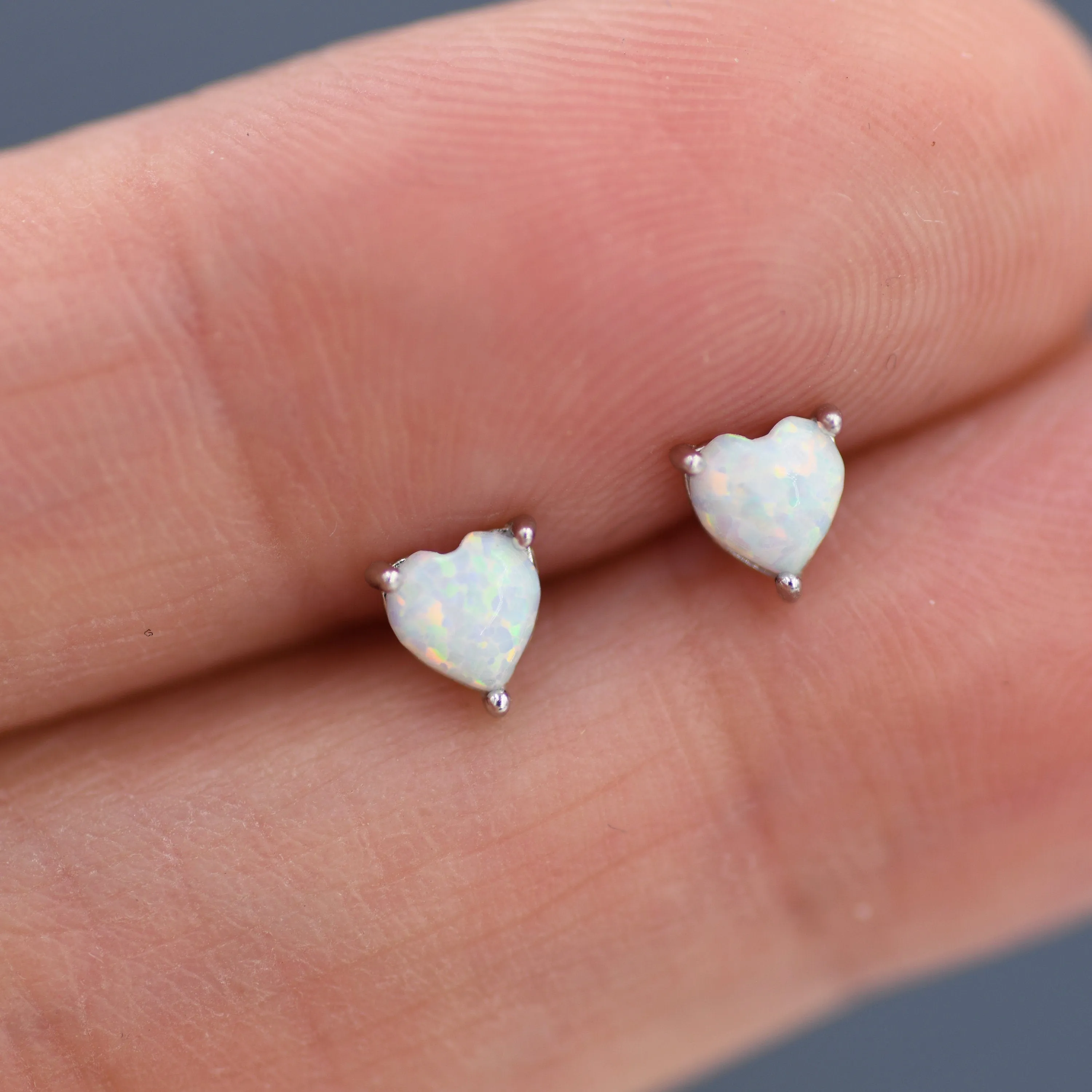 White Opal Stud Earrings in Sterling Silver - 4mm Fire Opal - Sustainable Lab Opal - Petite Stud Earrings