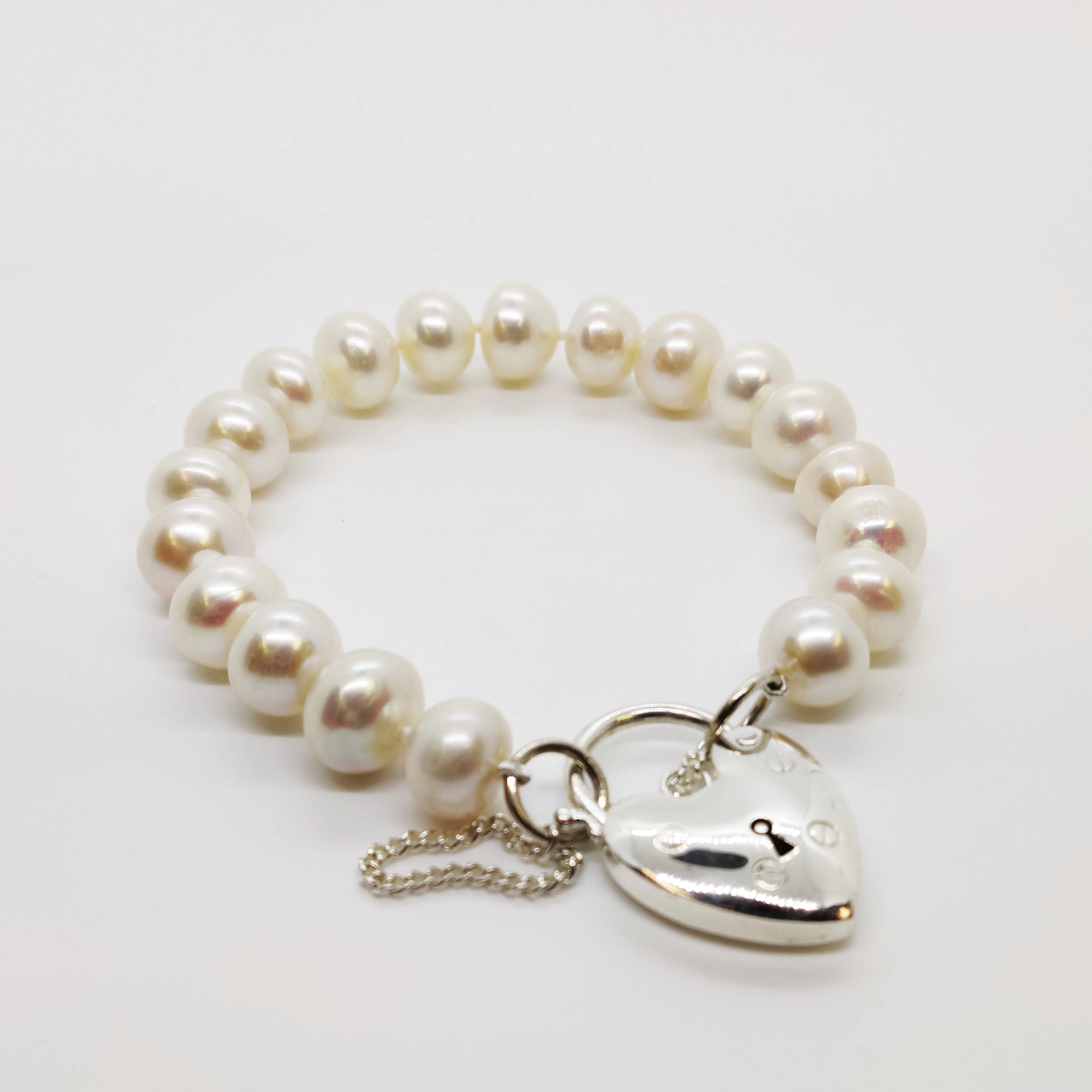White Oval Freshwater Baroque Pearls with Heart Locket Bracelet