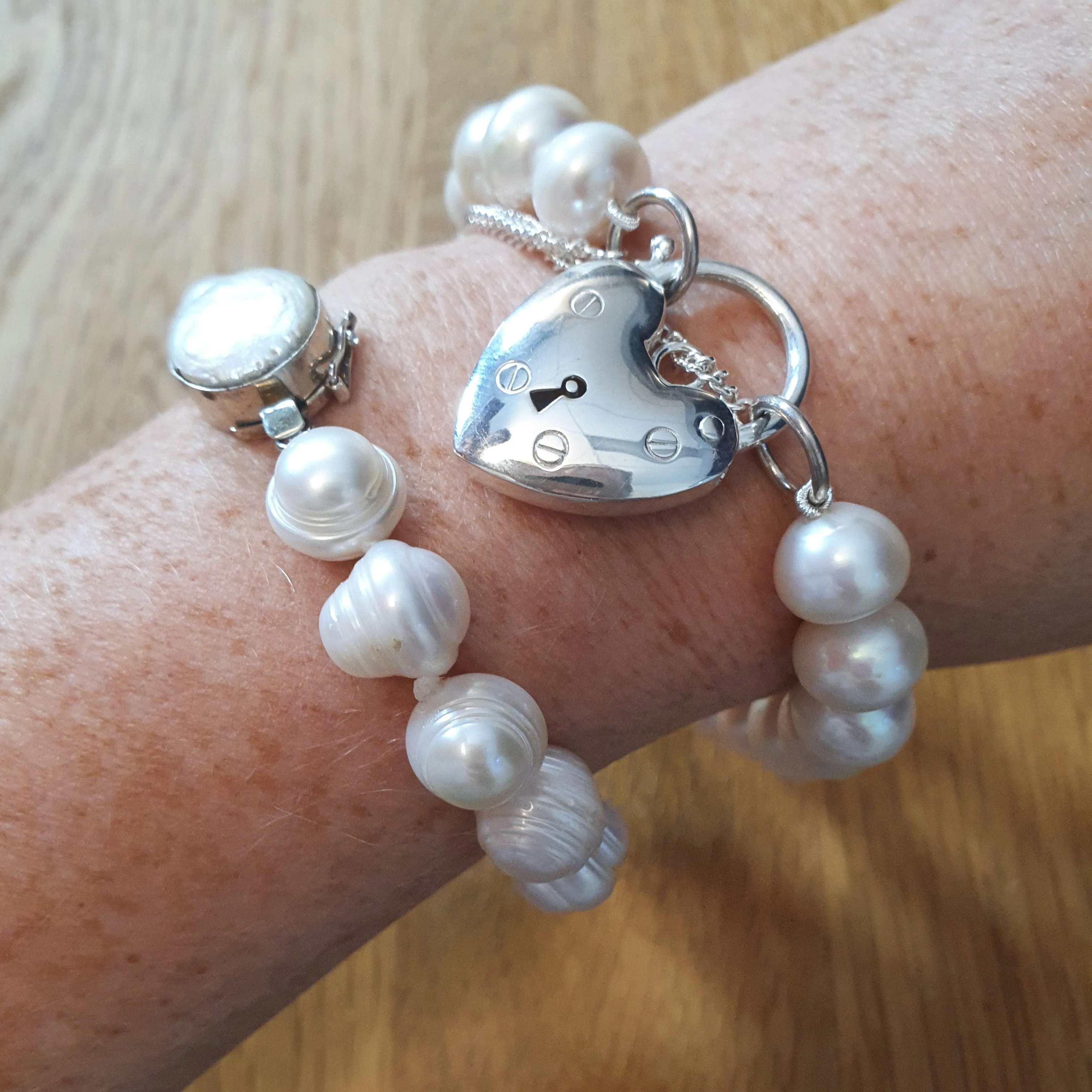 White Oval Freshwater Baroque Pearls with Heart Locket Bracelet