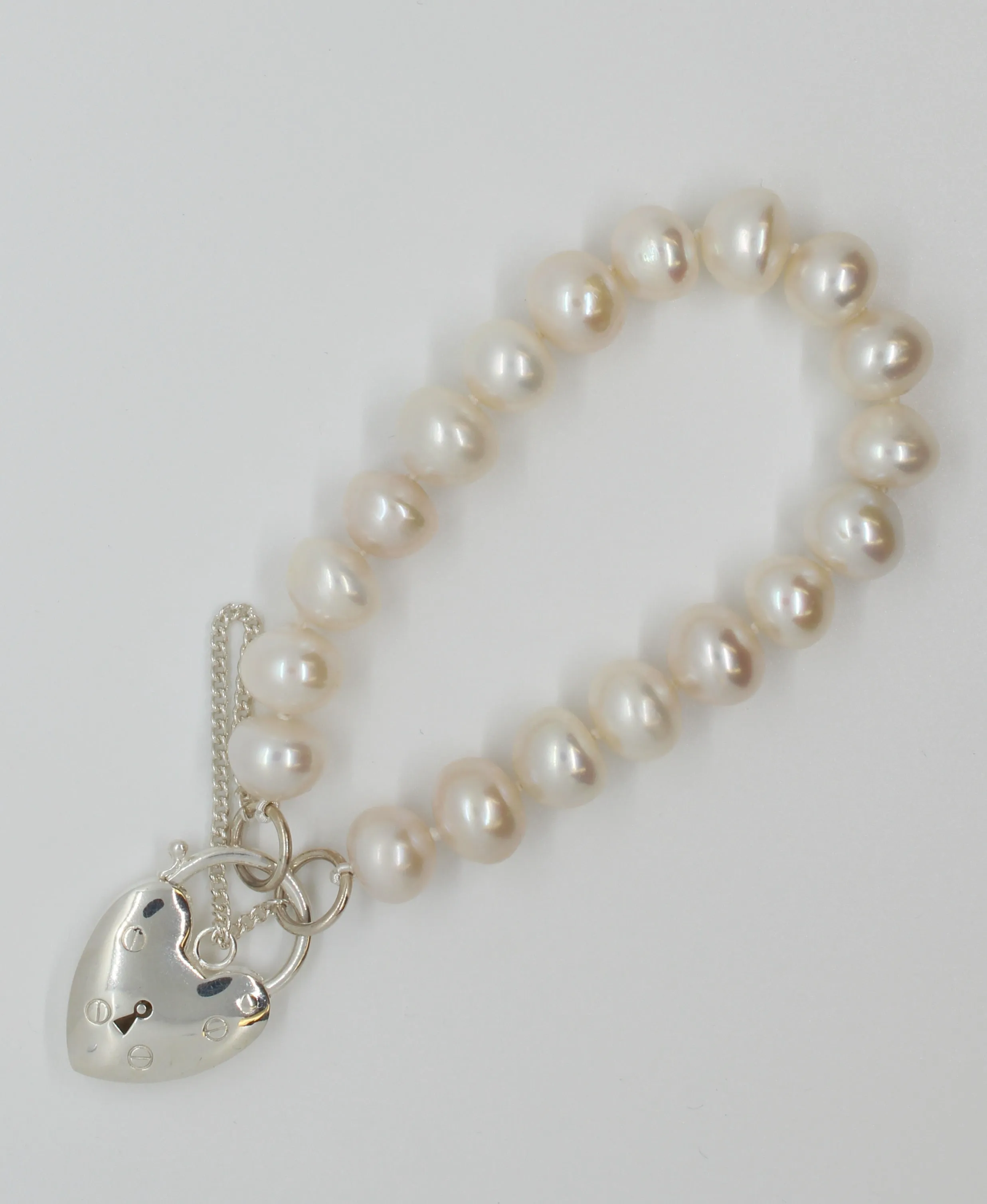 White Oval Freshwater Baroque Pearls with Heart Locket Bracelet
