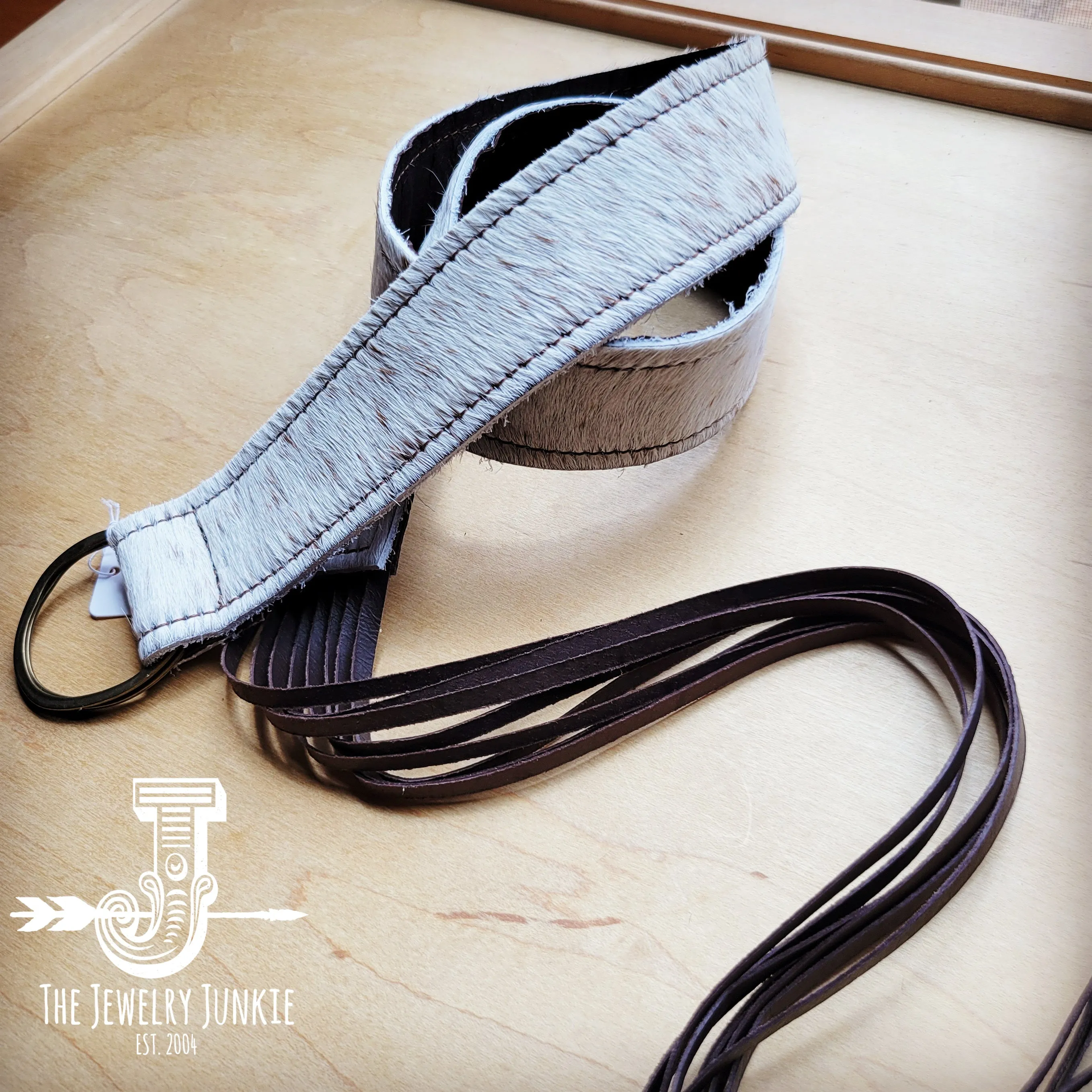 **White Speckled Hide Leather Belt w/ Leather Fringe 906x