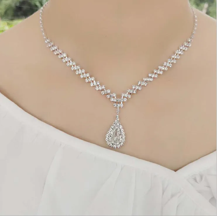 Wholesale Bridal Wedding Exquisite Water Drop Crystal Necklace Earrings Set JDC-NE-Yaqian001