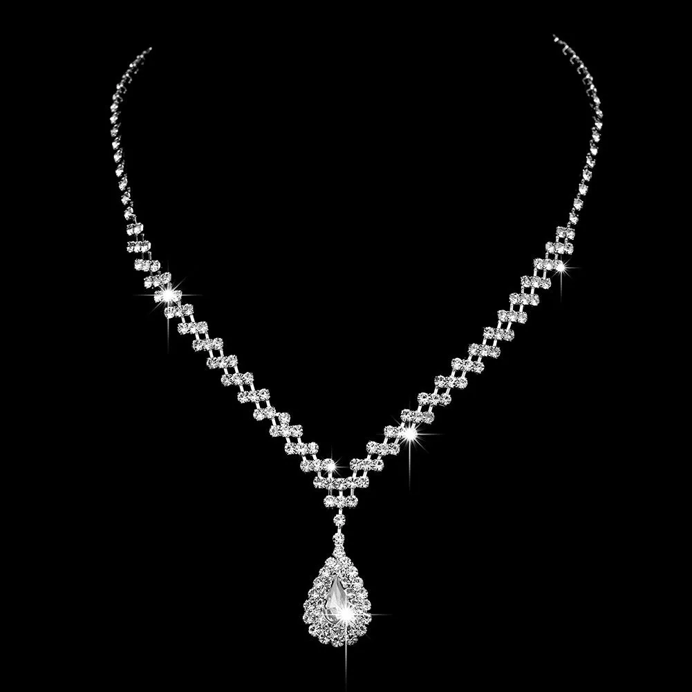 Wholesale Bridal Wedding Exquisite Water Drop Crystal Necklace Earrings Set JDC-NE-Yaqian001