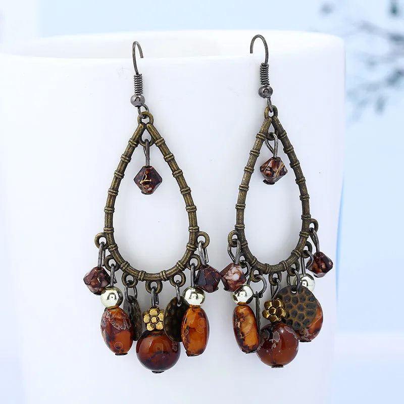 Wholesale Fashionable ethnic retro hollow water drop beaded tassel earrings