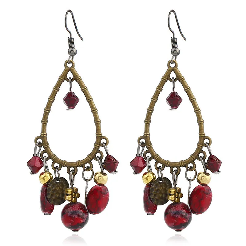 Wholesale Fashionable ethnic retro hollow water drop beaded tassel earrings