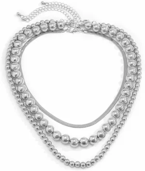 Women Necklace Silver,Pearl Necklaces for Womens Silver Plated 3-Layer Chain with Beads Women Chain Necklaces Silver