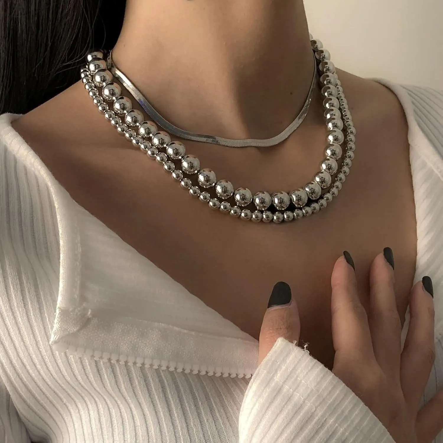 Women Necklace Silver,Pearl Necklaces for Womens Silver Plated 3-Layer Chain with Beads Women Chain Necklaces Silver