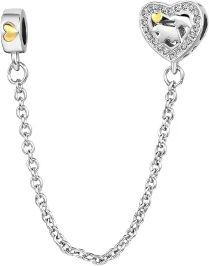 Women Safety Chain Charm Compatible with Pandora Charm Bracelet Heart Mama Bear Love Silver Bead Mom Wife Sister Friends Family Christmas Anniversary Birthday