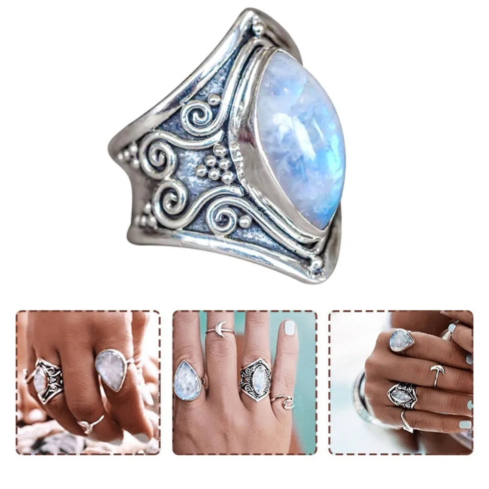 women silver color antique unique bigstone rings stone bohoo jewelry ✈️ free.shipping