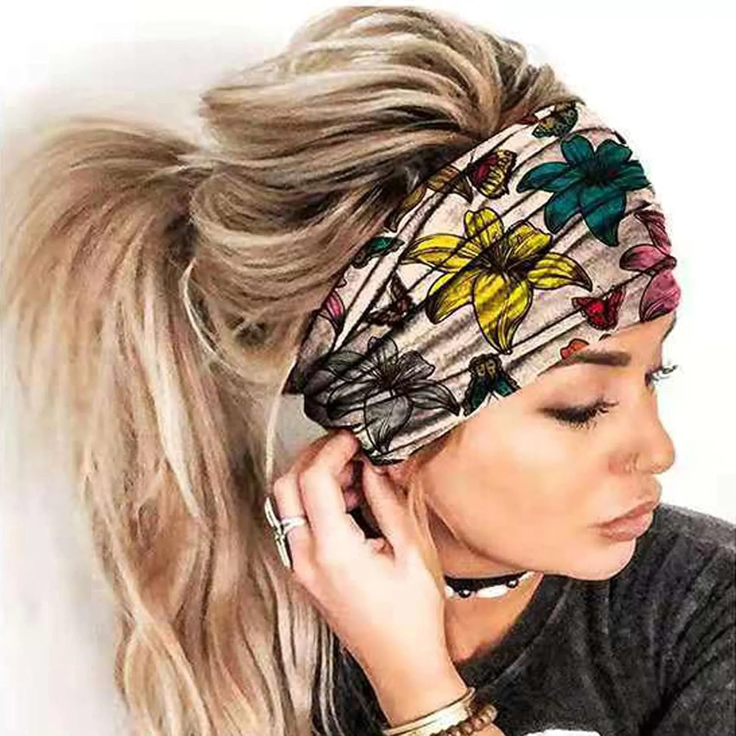 Women Wide Headbands Boho Bandeau Headbands Floral Printed Non Slip Headbands Fashion Hair Accessories