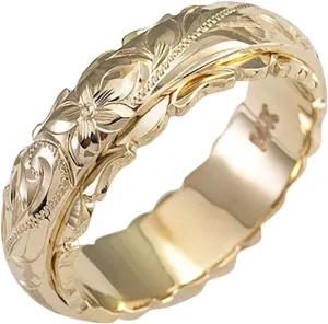 Women's Dainty Engraved Plumeria Flower Ring Gold Plated Hand Carved Flower Band Birthday Valentine's Day Gift