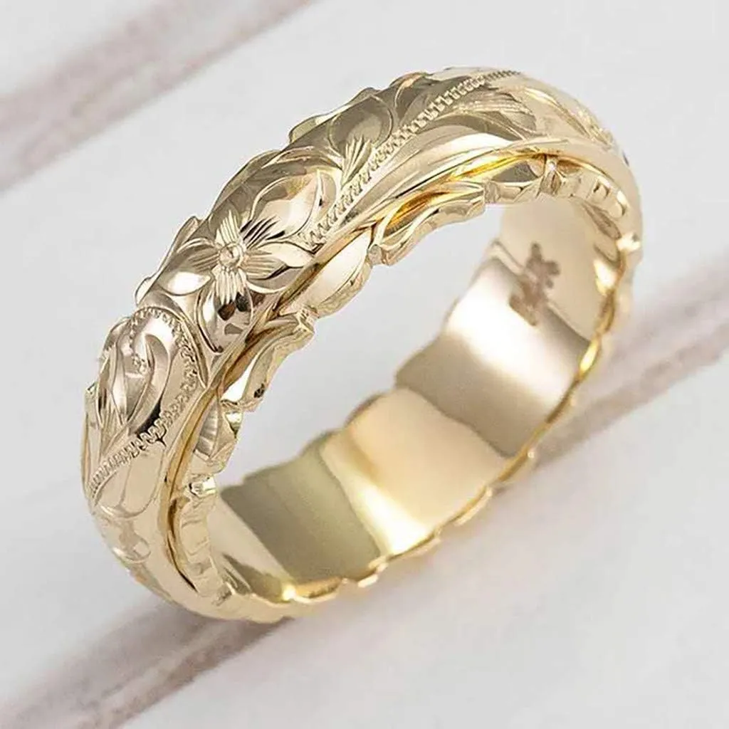 Women's Dainty Engraved Plumeria Flower Ring Gold Plated Hand Carved Flower Band Birthday Valentine's Day Gift