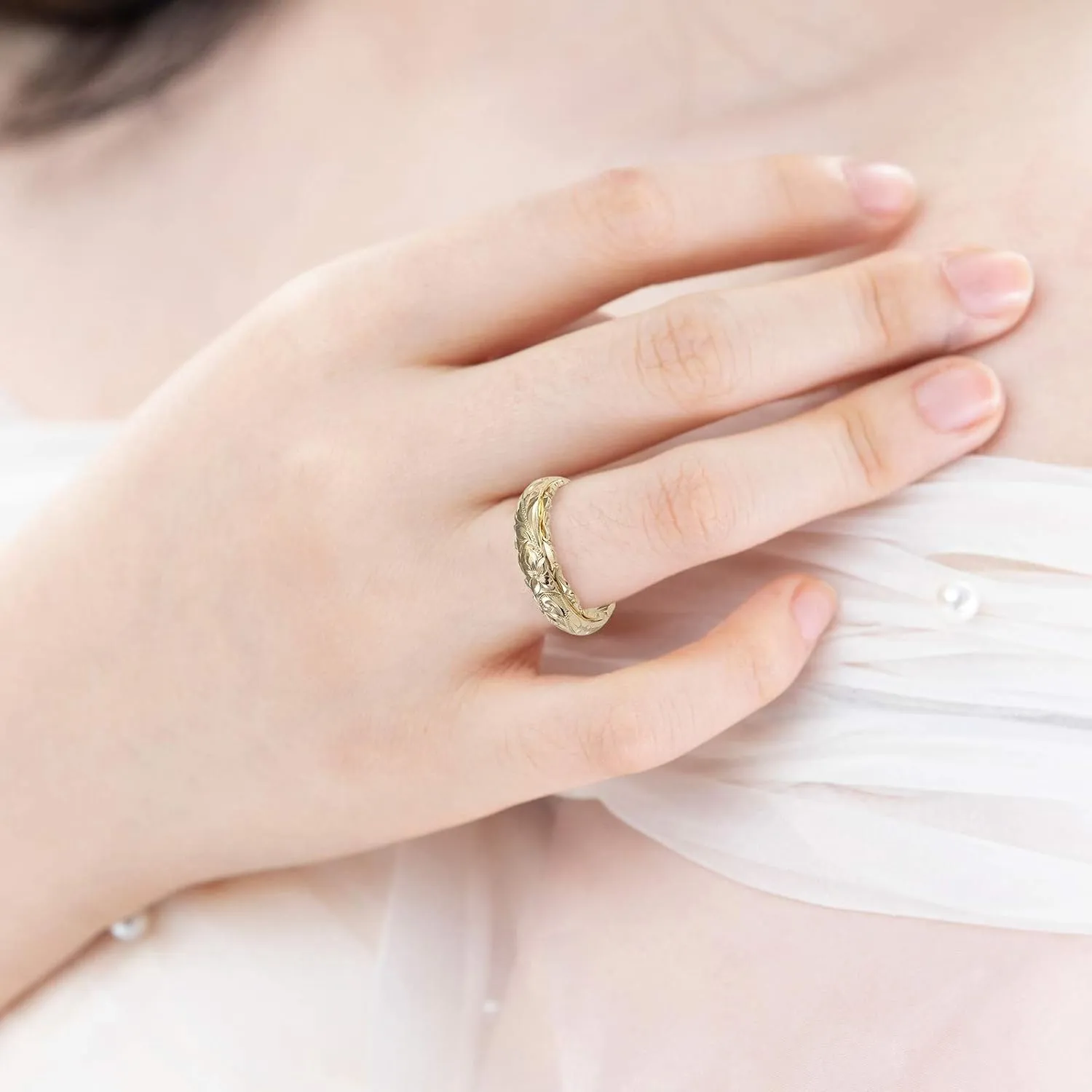 Women's Dainty Engraved Plumeria Flower Ring Gold Plated Hand Carved Flower Band Birthday Valentine's Day Gift