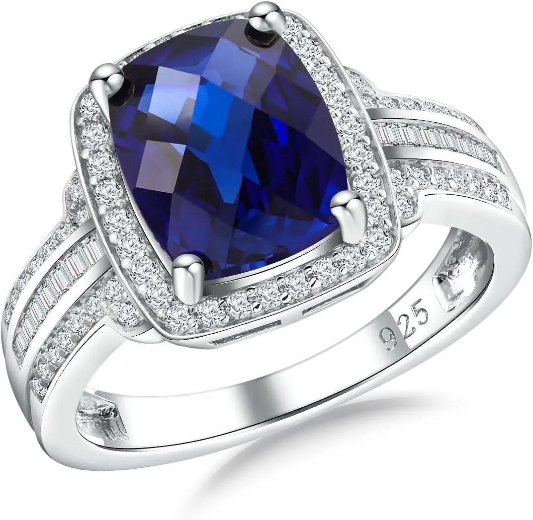 Womens Engagement Ring 925 Sterling Silver Oval Elongated Cushion Cut Sapphire/Ruby/Emerald/Opal Gemstone Anniversary Statement Cocktail Halo Ring Size 6 to 10 (with Gift Box)