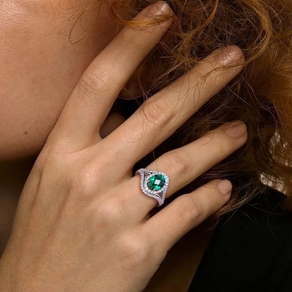 Womens Engagement Ring 925 Sterling Silver Oval Elongated Cushion Cut Sapphire/Ruby/Emerald/Opal Gemstone Anniversary Statement Cocktail Halo Ring Size 6 to 10 (with Gift Box)