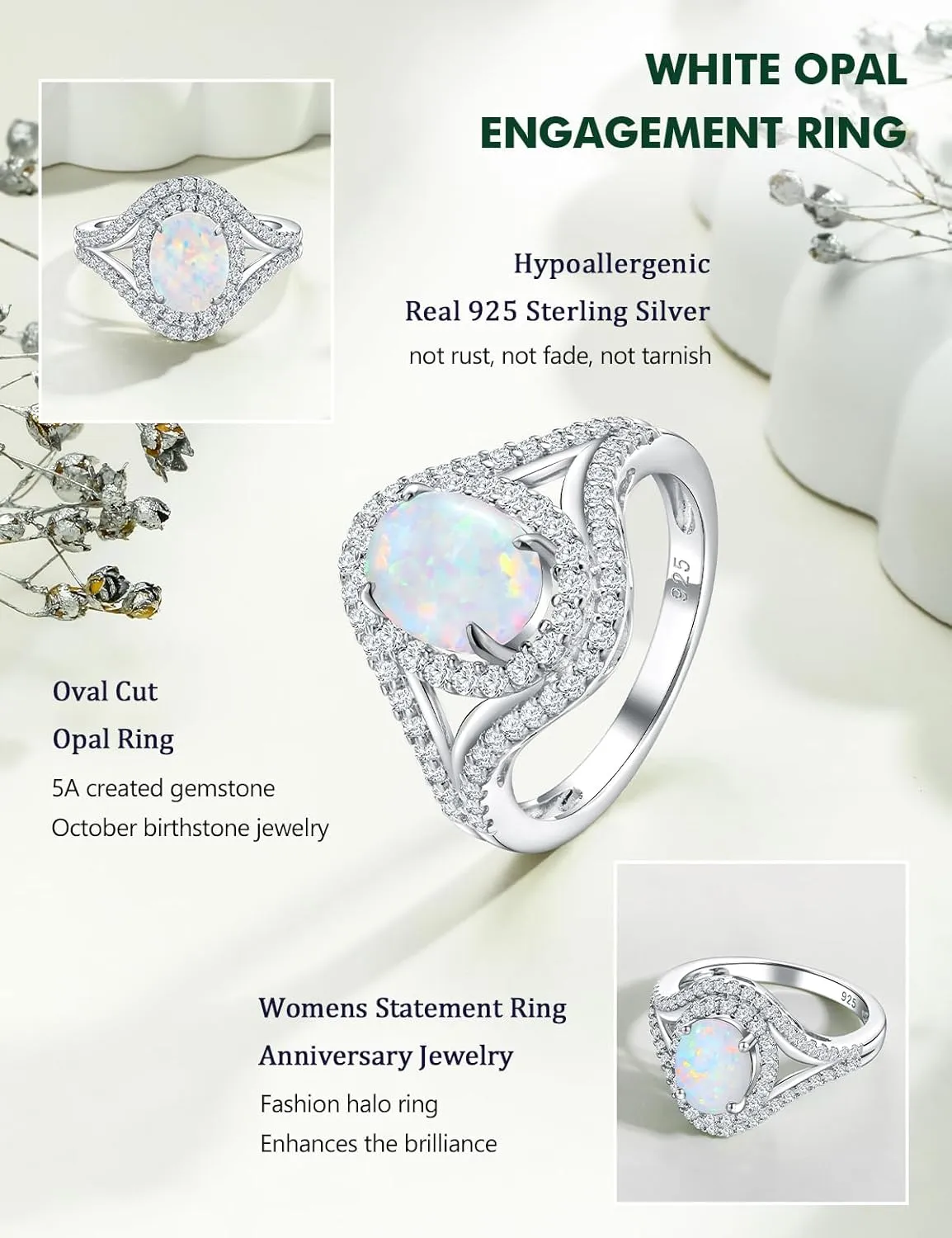 Womens Engagement Ring 925 Sterling Silver Oval Elongated Cushion Cut Sapphire/Ruby/Emerald/Opal Gemstone Anniversary Statement Cocktail Halo Ring Size 6 to 10 (with Gift Box)