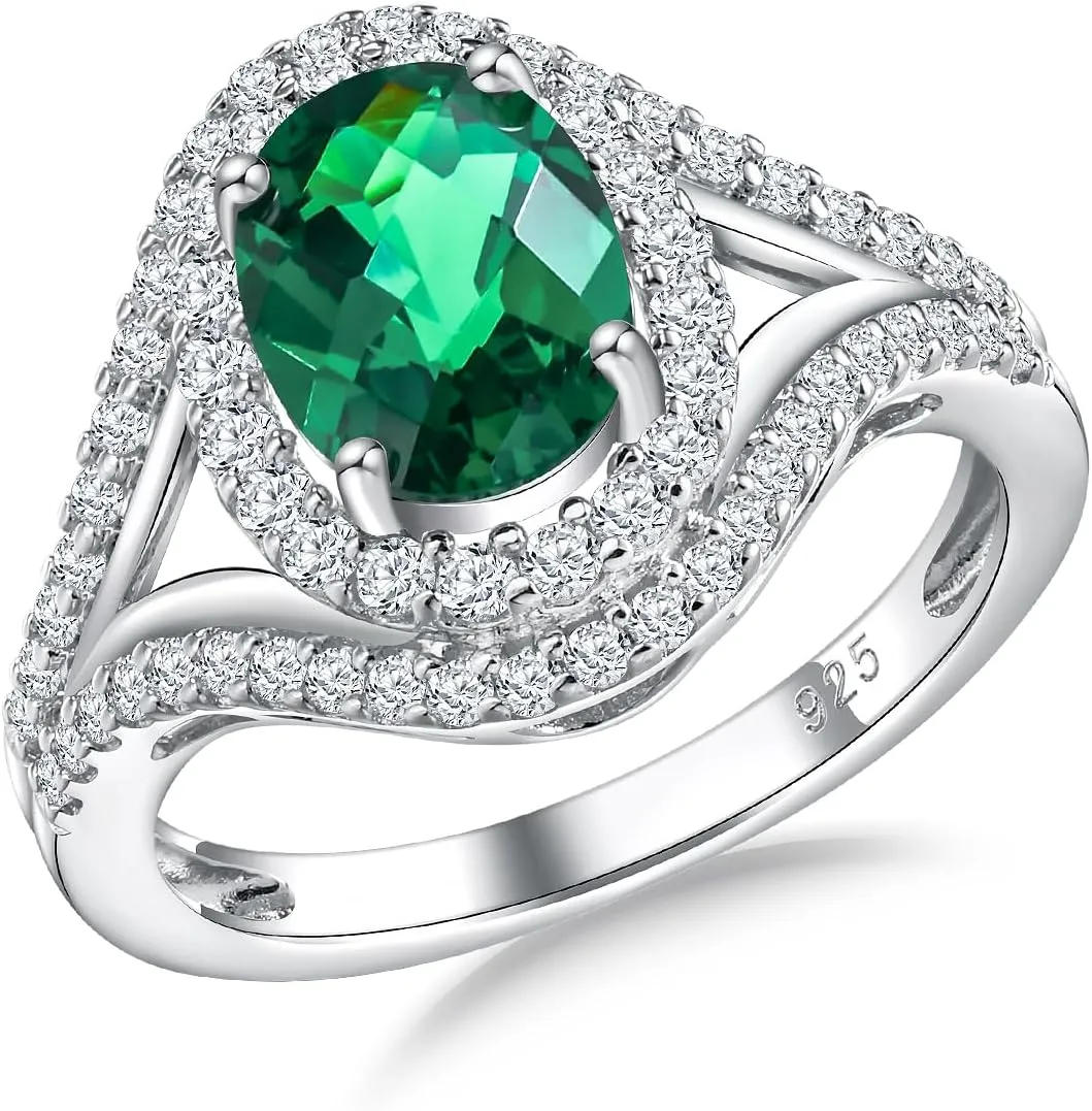 Womens Engagement Ring 925 Sterling Silver Oval Elongated Cushion Cut Sapphire/Ruby/Emerald/Opal Gemstone Anniversary Statement Cocktail Halo Ring Size 6 to 10 (with Gift Box)