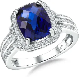 Womens Engagement Ring 925 Sterling Silver Oval Elongated Cushion Cut Sapphire/Ruby/Emerald/Opal Gemstone Anniversary Statement Cocktail Halo Ring Size 6 to 10 (with Gift Box)