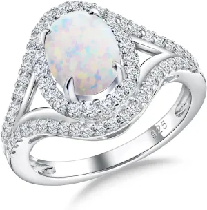 Womens Engagement Ring 925 Sterling Silver Oval Elongated Cushion Cut Sapphire/Ruby/Emerald/Opal Gemstone Anniversary Statement Cocktail Halo Ring Size 6 to 10 (with Gift Box)