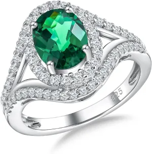 Womens Engagement Ring 925 Sterling Silver Oval Elongated Cushion Cut Sapphire/Ruby/Emerald/Opal Gemstone Anniversary Statement Cocktail Halo Ring Size 6 to 10 (with Gift Box)