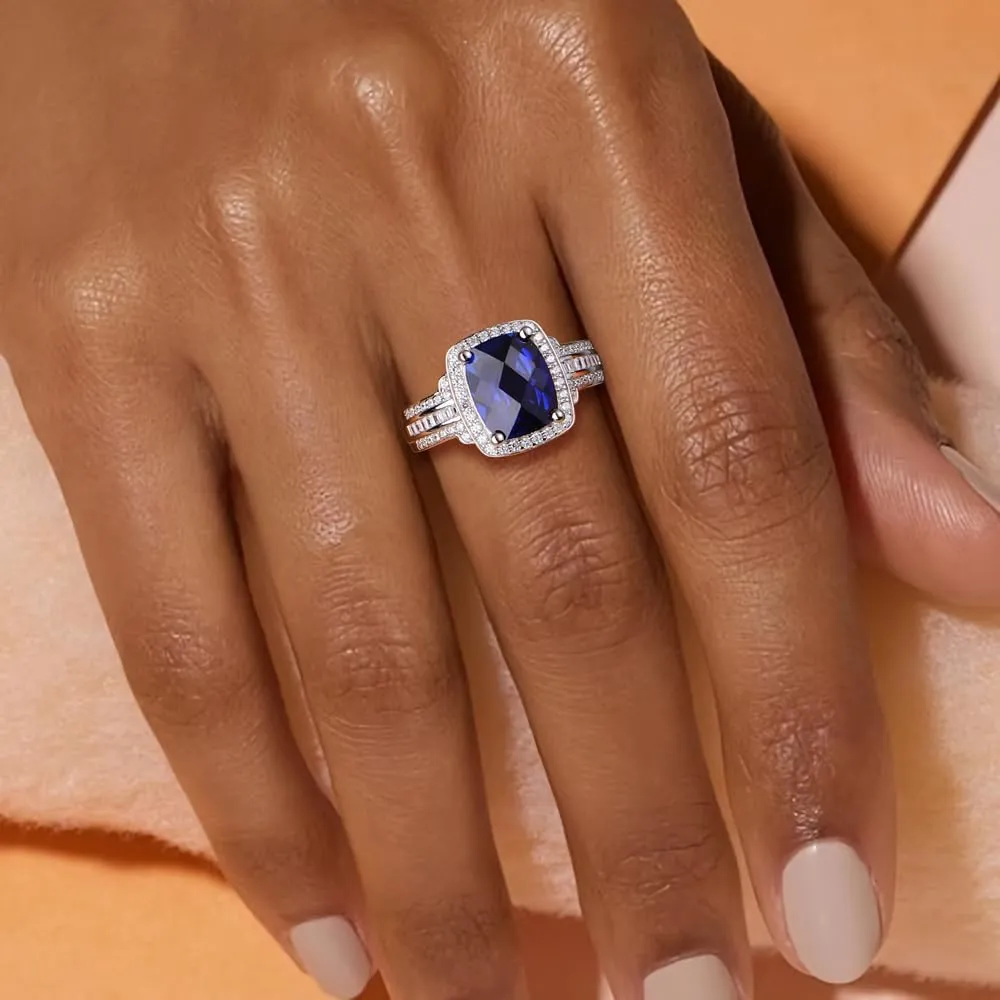 Womens Engagement Ring 925 Sterling Silver Oval Elongated Cushion Cut Sapphire/Ruby/Emerald/Opal Gemstone Anniversary Statement Cocktail Halo Ring Size 6 to 10 (with Gift Box)