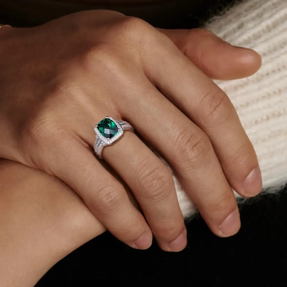 Womens Engagement Ring 925 Sterling Silver Oval Elongated Cushion Cut Sapphire/Ruby/Emerald/Opal Gemstone Anniversary Statement Cocktail Halo Ring Size 6 to 10 (with Gift Box)